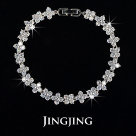White Gold Plated Four Leaves CZ Flower Connected Bracelet (JingJing JB039)