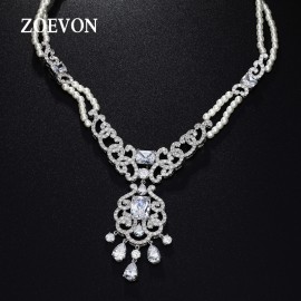 ZOEVON 2015 Fashion Jewelry For Women Statement Necklace Water Drop Radiant Cut CZ And Pearl Multi Layer Necklace