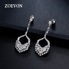 ZOEVON Noble Shaped Full Paved Feather Earrings With Sparking Round Cubic Zirconia Diamond Fashion Women Drop Earrings